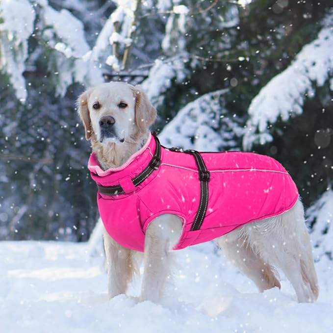 Lelepet Dog Winter Coat Waterproof Dog Jacket with Harness Built in Windproof Reflective Pet Coats for Small Medium Large Dogs, Thermal Fleece Lined Coats for Cold Weather Walking Hiking, Rose Red, XL