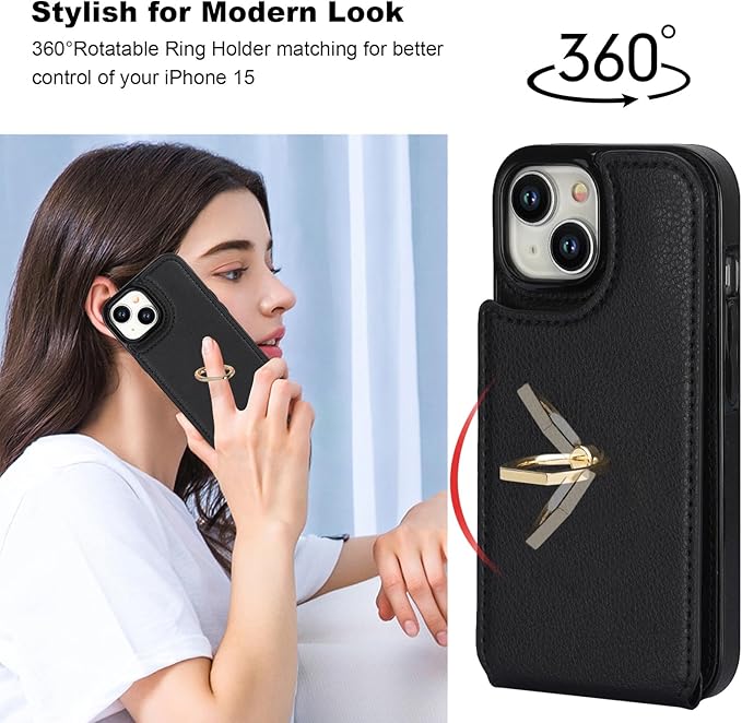 Folosu Compatible with iPhone 15 Case Wallet with Card Holder, 360°Rotation Finger Ring Holder Kickstand, RFID Blocking Leather Protective Double Buttons Shockproof Cover 6.1 Inch (Black)