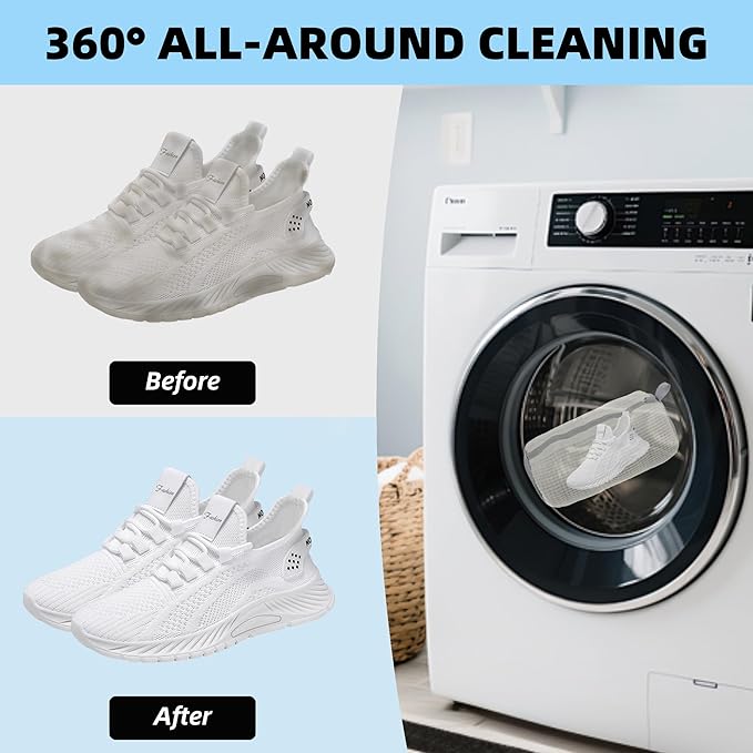 2Pcs Shoe Washing Machine Bag, Quick & Easy Cleaning, Laundry Shoe Bag for Washer and Dryer, Cleaning Bag for Sneaker & Most Shoe Types and Sizes (White)