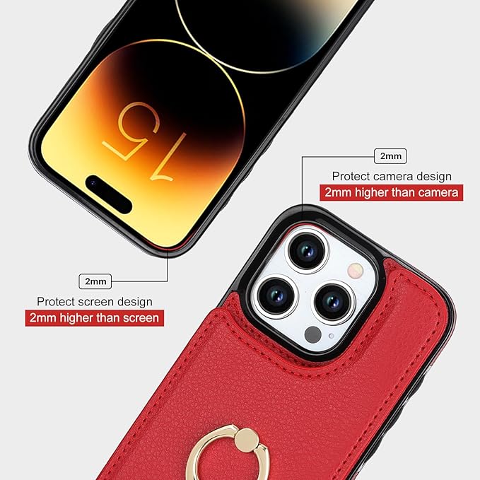 Folosu Compatible with iPhone 15 Pro Case Wallet with Card Holder, 360°Rotation Finger Ring Holder Kickstand, RFID Blocking Leather Protective Double Buttons Shockproof Cover 6.1 Inch Red