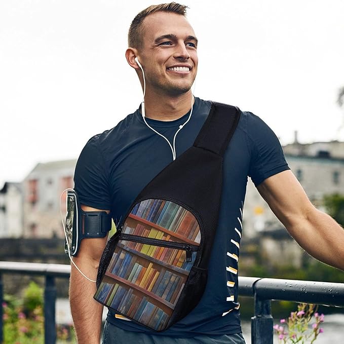 SWEET TANG Men's Crossbody Bag Anti Theft Shoulder Backpack, Funny and Chest Bags Vintage Library Bookshelf Bookcase for Fishing Cycling Hiking, Lightweight and Large Capacity