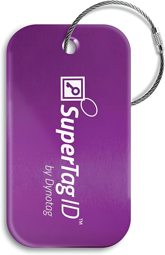 Dynotag® Sentry Series Solid Metal Web Enabled Smart Luggage Tag ID + Steel Loop, Anodized Aluminum with DynoIQ™ & Lifetime Recovery Service (Imperial Purple)