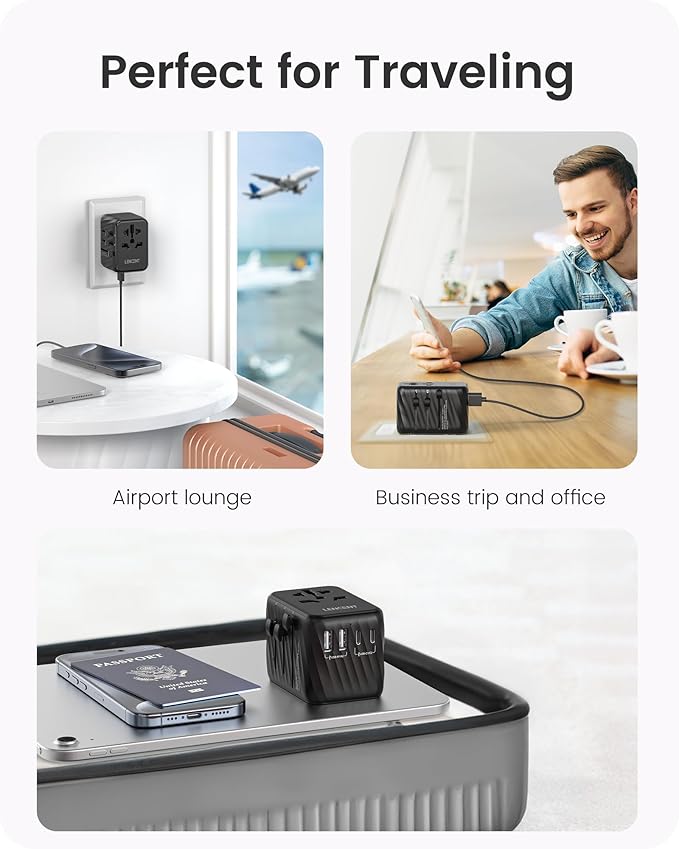 LENCENT Universal Travel Power Adapter, International AC Plug Adaptor with 5.6A 3 USB C 2 USB A Ports Wall Charger Worldwide Travel Essentials for US to EU UK Ireland Australia (Type C/G/A/I) Black