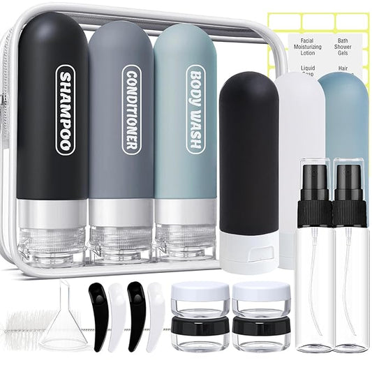 20 Pack Travel Bottles Set, TSA Approved Travel Size Toiletries Containers, Leak Proof Shampoo and Conditioner Bottles, Refillable Travel Essentials Toiletry Bottles (Dark Color)