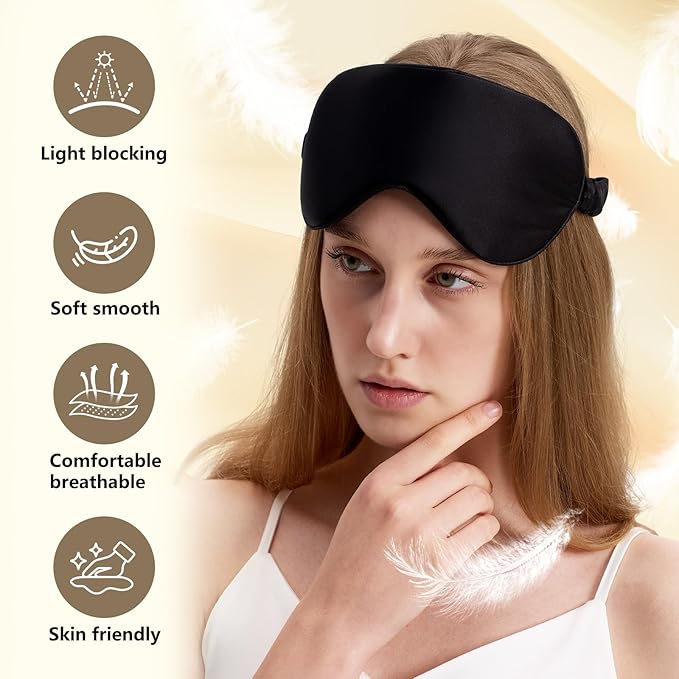 100% Pure 6A Mulberry Black Silk Sleep Mask for Women and Men, Adjustable Blackout Eye Cover, Breathable Travel Eye Mask for Sleeping, Zero Pressure Comfort