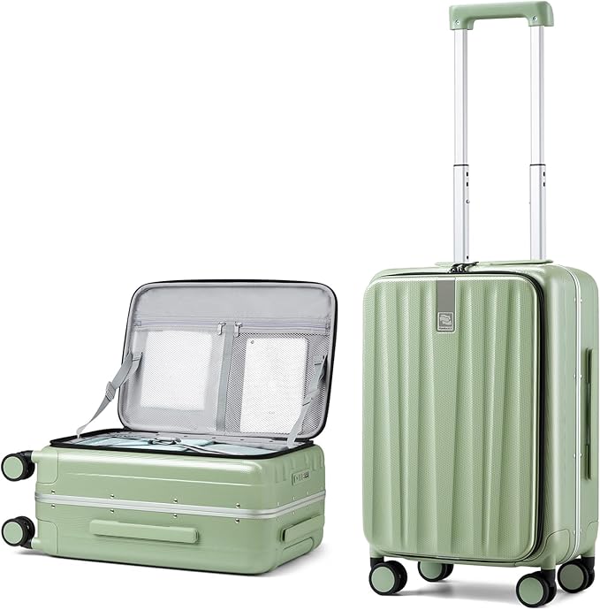 Hanke 20 Inch Carry-On Luggage with Wheels PC Hard Shell Suitcases Top Opening Aluminum Frame Travel Luggage Suitcases for Woman Men.(Bamboo Green)
