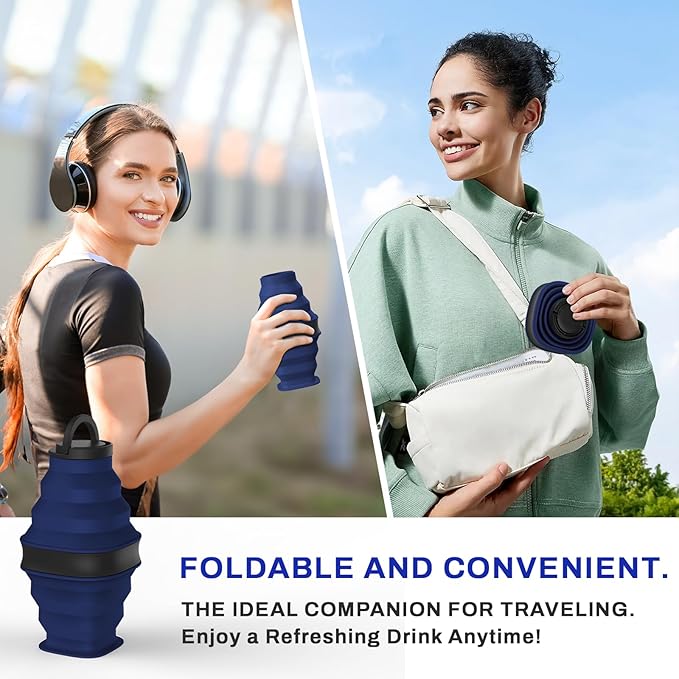 Collapsible Water Bottles,600ml BPA Free Reusable Lightweight LeakProof Silicone Foldable Water Bottle for Travel Hiking Camping Sports,Collapses to 1.5” & anti-Collapse Ring,Dark Blue