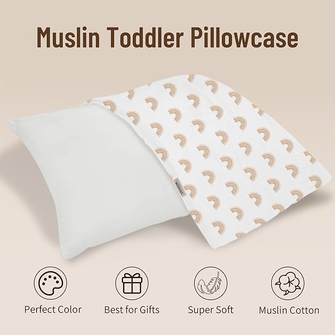 Toddler Pillowcases for 14"x20" Pillow 2 Pack, Muslin Small Toddler Baby Kids Travel Pillow Covers for Boys Girls with Envelope Closure (Beige & Rainbow, 14 x 20 Inch)