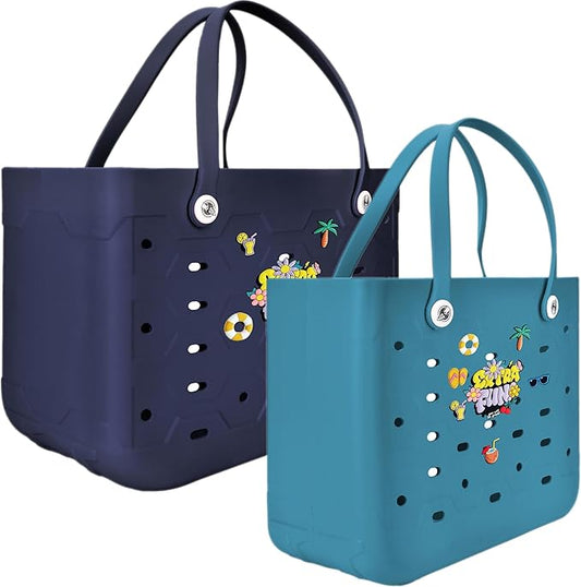 2-Piece Tote Bag Set, Waterproof Rubber Beach Bag with Summer Pattern, Medium & Large Handbag for Pool, Beach, Boat