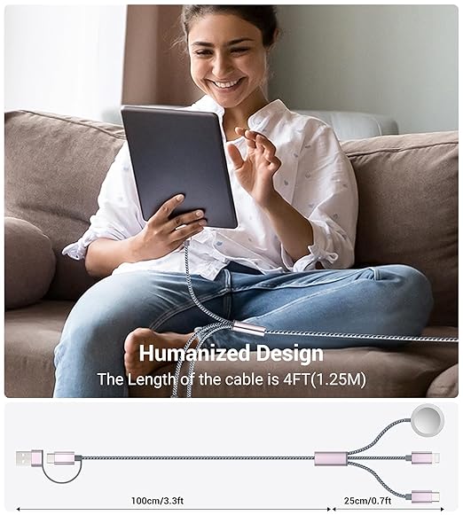 Temdan for Travel Essentials,3 in 2 USB C Cable for Apple Watch Charger/iPhone 17 Charger/Lightning,Multi Charging Cable Cord,Vacation Camping Essentials,Portable Designed for iWatch &iPhone 16-12-4FT