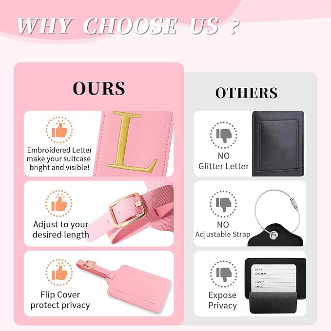 Personalized Initial Luggage Tags for Suitcase, Pink Leather Cute Luggage Tags with Privacy Cover Name Card, Embroidered Custom Monogrammed Luggage Tag Travel Bag Baggage Tags Gifts for Women Kids(L)