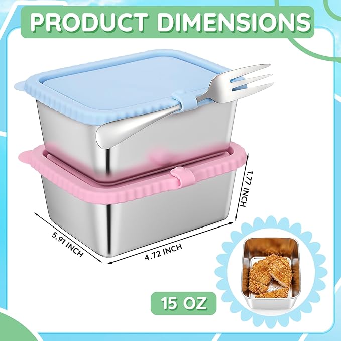Acellegic Stainless Steel Snack Containers with Silicone Lids, 15 oz Reusable Food Storage Deli Containers for Meal, Leak Proof, Easy Open BPA Free Daycare and School(Blue, Pink,2 Pack)