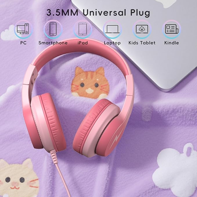 Kids Wired Headphones for Kids with Microphone, 85/94dB Volume Limiter Headphones for Girls Boys, Light Pink