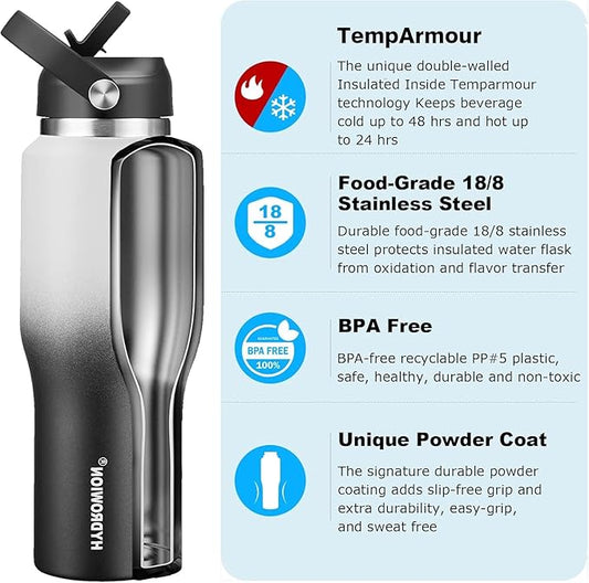 40 oz Insulated Water Bottle with Straw fit in Car Cup Holder(Cold 48 hrs, Hot 24 hrs) Drinking Bottle with Straw Lid, Spout Lid and Flex Cap Leakproof Travel Thermo Mug，White - Black