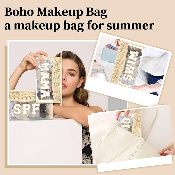 Small Boho Straw Clear Spf Makeup Bags for Women&Girls, Zipper Cosmetic Bag Chenille Varsity Letter Patch Bag, Preppy Cute Toiletry Pouch, Trendy Organizer Storage Bag for Beach Travel Essentials
