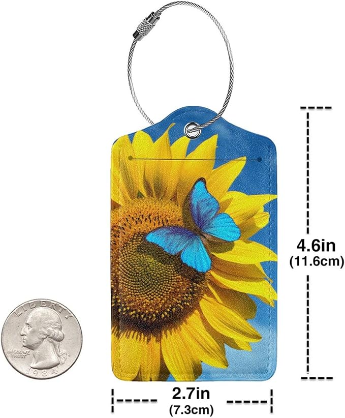 Set of 2 Pretty Sunflower Luggage Tags with Blue Butterfly Pattern, Yellow Flower Leather Suitcase Tag Privacy Name ID Card Travel Bag Labels with Stainless Steel Loop Birthday Gifts for Women Girls