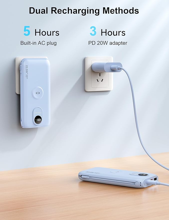 Portable Charger, 10000mAh 22.5W Fast Charging Power Bank with Built in Cable & Wall Plug, Travel Essential Battery Pack with LED Display, External Charger for iPhone, iWatch 11/10/9/8/Ultra/SE Blue