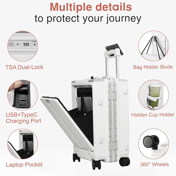 Carry On Luggage 22x14x9 Airline Approved Aluminum Frame, 20 Inch Hard Shell Carry On Luggage, Suitcase Carry-on Zipperless Luggage, TSA Approved (White)