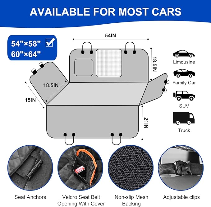 Dog Car Seat Cover for Back Seat 600D Scratchproof Nonslip Durable Waterproof Cars Pet Backseat Covers with Mesh Window Dogs Hammock for Car，SUV, Truck (54" W x 58" L)