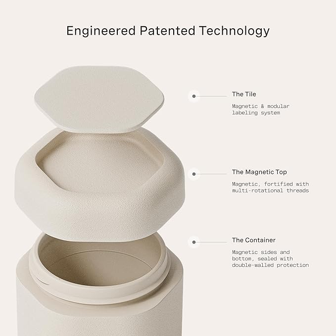 Cadence Travel Containers - Body Care Capsule Set - Magnetic Containers with Lids,Carry On Travel Essentials for Women/Men - 3 Flex Mediums (1.32oz) - Body Wash, Lotion & Sun Icon Labels - Sand