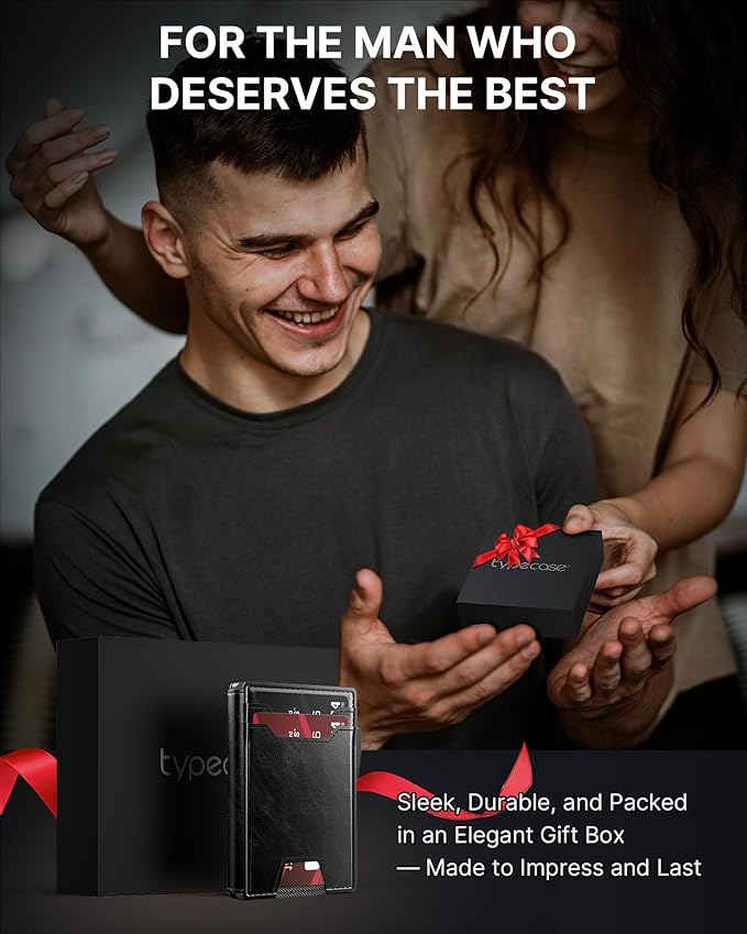 typecase Wallet for Men: Rfid Blocking Wallet 9-13 Card Capacity with Money Clip Slim Leather Front Pocket Smart Pop Up Card Case Bifold Minimalist Wallet with Gift Box - Atlanta Black