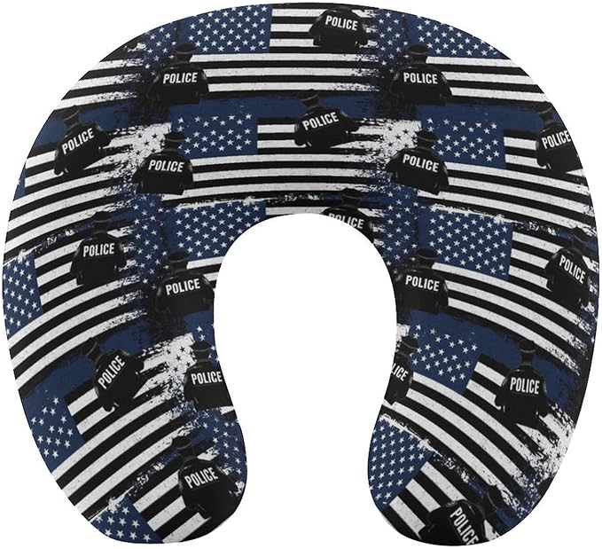 Travel Neck Pillow Memory Foam Chin Cushion America Thin Blue Line Flag Police, Washable Cover for Men Women Youth Airplane Car Pain Relief