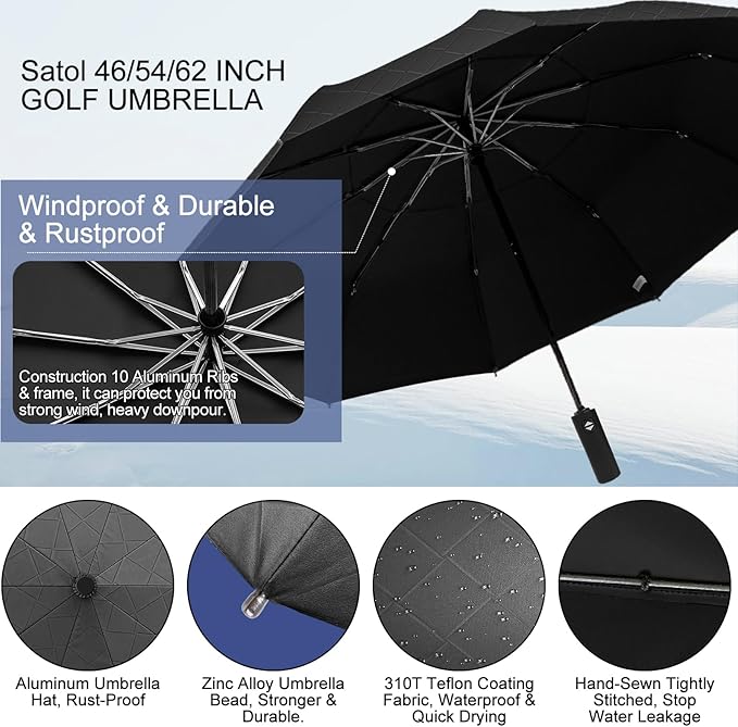 Satol 46/54/62 Inch Large Golf Umbrella, Windproof 10 Ribs Automatic Open/Close Oversize Double Canopy Vented Portable Folding Travel Umbrellas, UPF 50+ Sun & Rain Compact Umbrellas for Outdoor