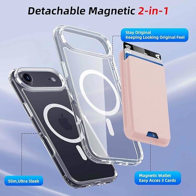 Ntwinro Magnetic for iPhone Air Clear Case (Compatible with MagSafe) with Pink Detachable Wallet & Card Holder for 3 Cards [RFID Blocking] Military Grade Protective Slim Phone Cover for 17 Air 2025