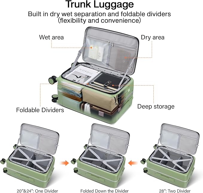 Hanke 24 Inch Luggage with Cup Holder and Charge,Top Opening Hard Shell Suitcases with Wheels and Dividers,Aluminum Frame Trunk Luggage Medium Checked Suitcase with Lock for Travel，Bamboo Green