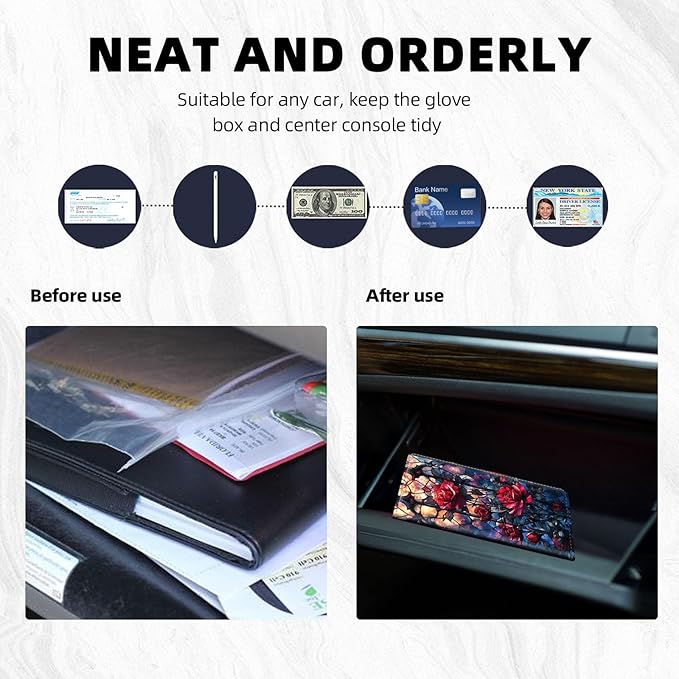 Car Registration and Insurance Holder PU Leather Vehicle Insurance and Registration Holders Wallet Case with Elastic Band Closure for ID Card, Driving Licence, Red Rose Stained Glass