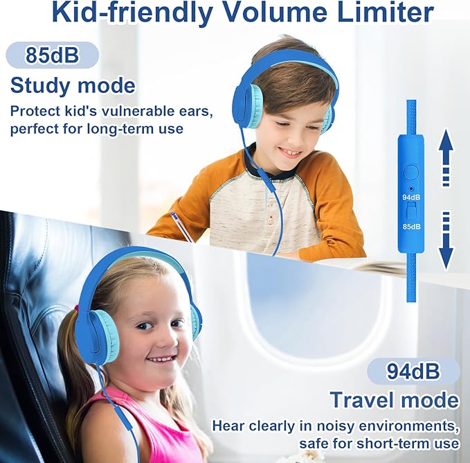 Kids Wired Headphones with Microphone, 85/94dB Safe Volume Limiter,Foldable,3.5mm Jack Over-Ear Cord Headset for Online Study/Travel, Compatible with Tablet,iPad,PC&More,Navy&Teal