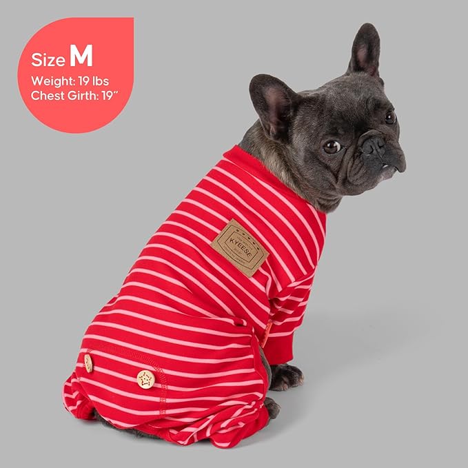 KYEESE Dog Pajamas, Soft 4 Legs Doggie Jammies, Striped Velvet Fleece Dog PJS, Pet Jumpsuit Puppy PJS, Stretchable Outfit Cozy Onesie Sleepwear Soft Pajamas, Red Striped, Small