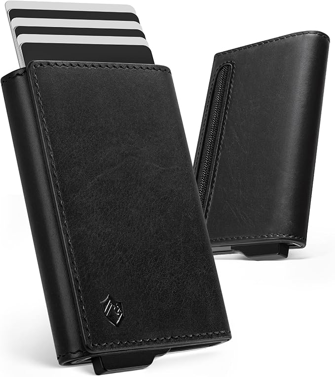 YESIIW Mens Slim Wallet with Premium Genuine Leather - Pop up Mens Wallet Card Holder for 8-10 Card Capacity | ID Window | Cash Slot | Coin Pocket | RFID Blocking - Slim Wallet for Men (Black)