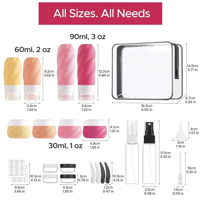 LitBear 23 Pack TSA Approved Travel Bottles for Toiletries, Leak Proof Refillable Travel Size Containers Kit with Silicone Squeezable Bottles Jars for Shampoo Lotion Conditioner, in Clear Bag, Pink