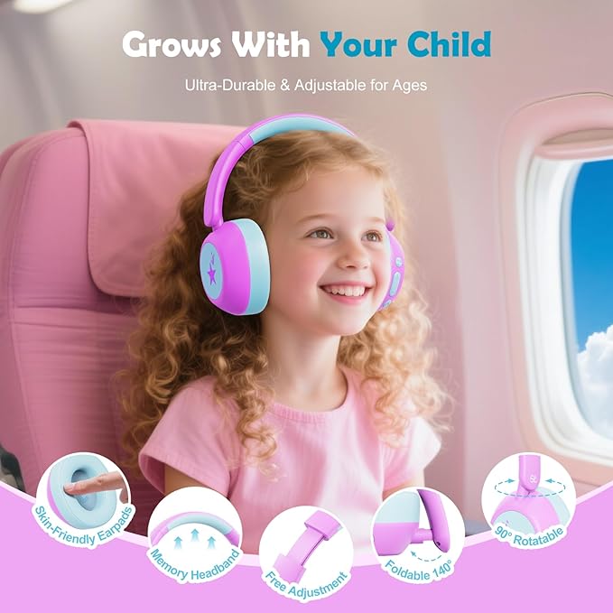 Nova1Star Active Noise Cancelling Headphones for Kids, 70H Play Time,Bluetooth6.0,3-Level Volume 75/85/94dB,ANC Safe Wireless Listen, Fast Charging,with Mic,for School,Travel & Airplane