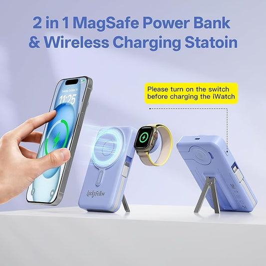 Magnetic Portable Charger Built-in Cables,10000mAh Fast Charging Wireless Charger Station External Battery Pack Slim Pocket Size Power Bank with Stand Compatible with iWatch, iPhone and Android Phones