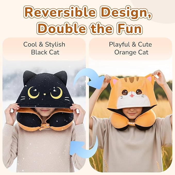 Certified to ASTM & CPSIA Standards–Kids Travel Neck Pillow with Hood,Memory Foam Airplane Pillow,Double-Sided, Cute Design, Cooling Ice Silk & Soft Plush, Adjustable, Portable & Washable for Flights