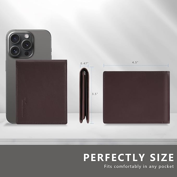 Travelambo Genuine Leather Wallet for Men with Gift Box - Handmade Bifold Stylish - Mens Wallets Rfid Blocking with 2 ID Windows