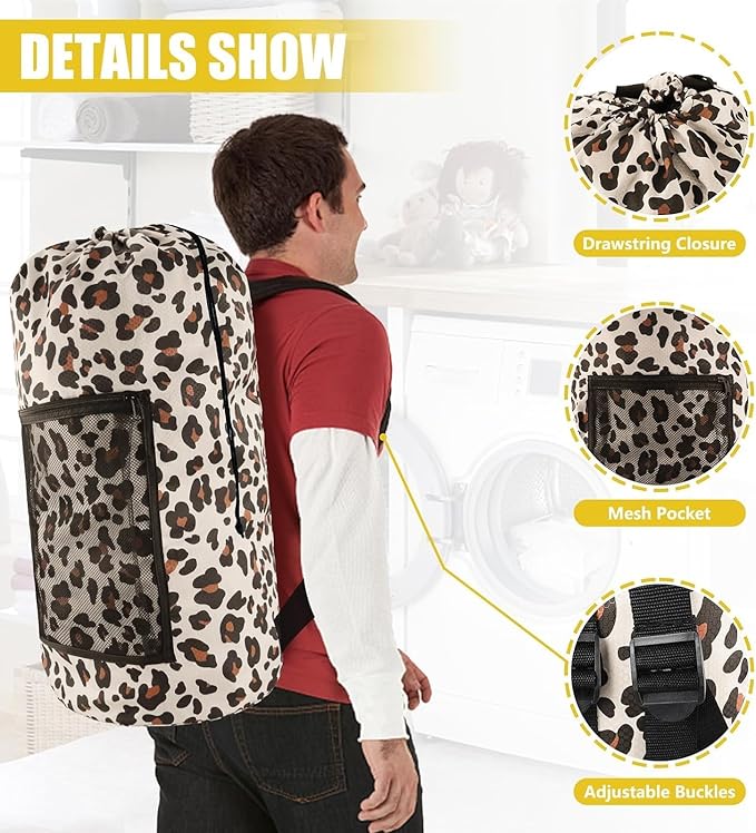 Laundry Bag Backpack, 2PCS Extra Large Travel Laundry Bag with Mesh Pocket & Adjustable Shoulder Straps,Dirty Clothes Travel Bag for College Students Dorm,Apartment(Leopard Print)