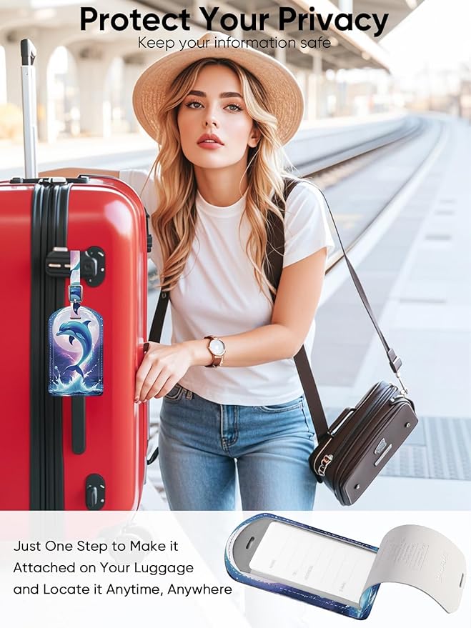 Luggage Tags Built-in Anti-Loss Tracker, Luxury Leather Luggage Tags for Suitcase, Travel Bags, Backpacks, Travel Organizer for Lost Baggage Prevention (Moon Dolphin)