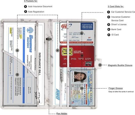 TOURSUIT Car Registration and Insurance Card Holder, Vehicle License Document Glove Box Compartment Organizer, Interior Car Accessories for Women Men Teens (Marble Grey)