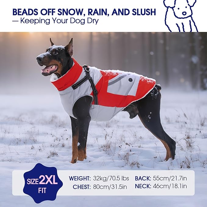 FUAMEY Dog Winter Jackets for Large Dogs,Dog Coat with Harness Built in,Waterproof Dogs Snowsuits Warm Pet Jacket Zip Up Fleece Cold Weather Coats Reflective Puppy Vest with Pocket Red L