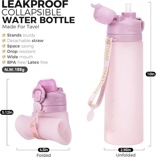 TakeToday Collapsible Water Bottles 20oz, Leak Proof, BPA-Free, Foldable Silicone Travel Water Bottle with Straw Strap for Cycling, Hiking, Outdoors