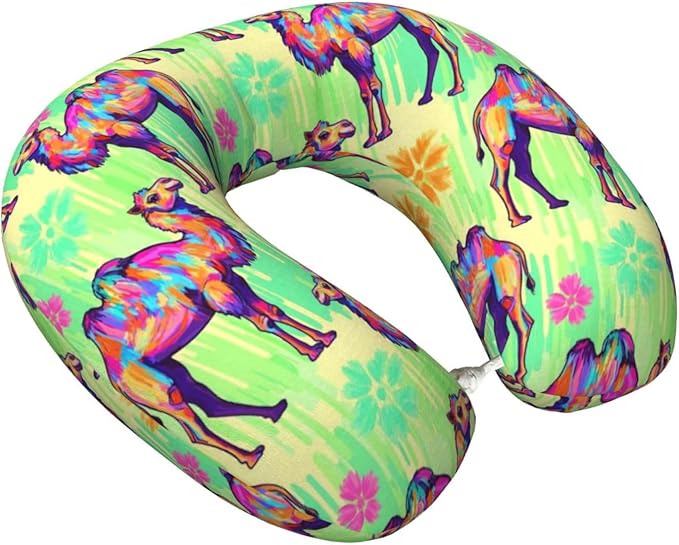 Neck Pillow Memory Foam Travel Pillows Comfortable for Airplane Flight Car Travel Office Nap and Sleeping, Funny Cushion for Head Shoulder Llama Alpaca Camels Watercolor Painting
