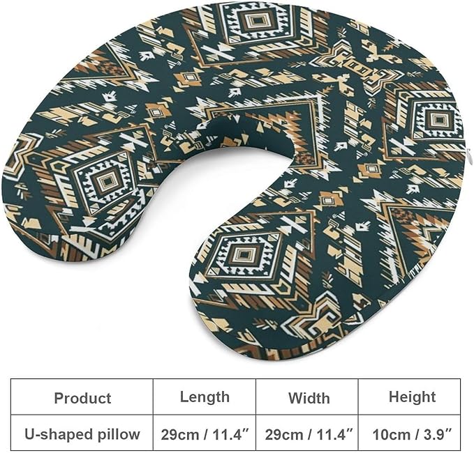 Unisex Travel Neck Pillow Memory Foam U Shaped Cushion Ethnic Indiana Southwest Western Tribal Aztec Green, Washable Cover for Men Women Airplane Car Home Rest