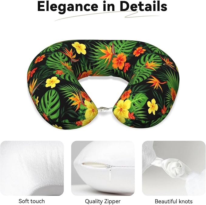 Support Neck Pillow for Youth Travel, Washable Airplane Chin Supporting and Relax U Shaped Pillows Tropical Hawaiian Hibiscus Flowers