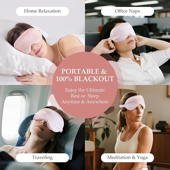 100% 22 Momme Mulberry Silk Sleep Mask with Adjustable Strap, 3D Contoured Cup Silk Eye Mask for Sleeping, Total Black Out, Pink