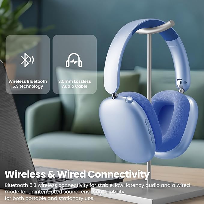 Wentronic Y01 Wireless Noise Canceling Headphones Bluetooth 5.3 Over Ear Headphones with Microphone, Hi-Res Audio, 48H Playtime, Foldable Comfortable Earpads,Compatible with iOS,Android,PC, Blue