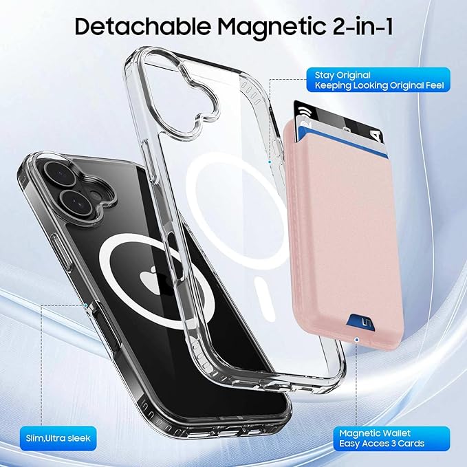 Ntwinro Magnetic for iPhone 17 Clear Case (Compatible with MagSafe) with Pink Detachable Wallet & Card Holder for 3 Cards [RFID Blocking] Military Grade Protective Slim Phone Cover