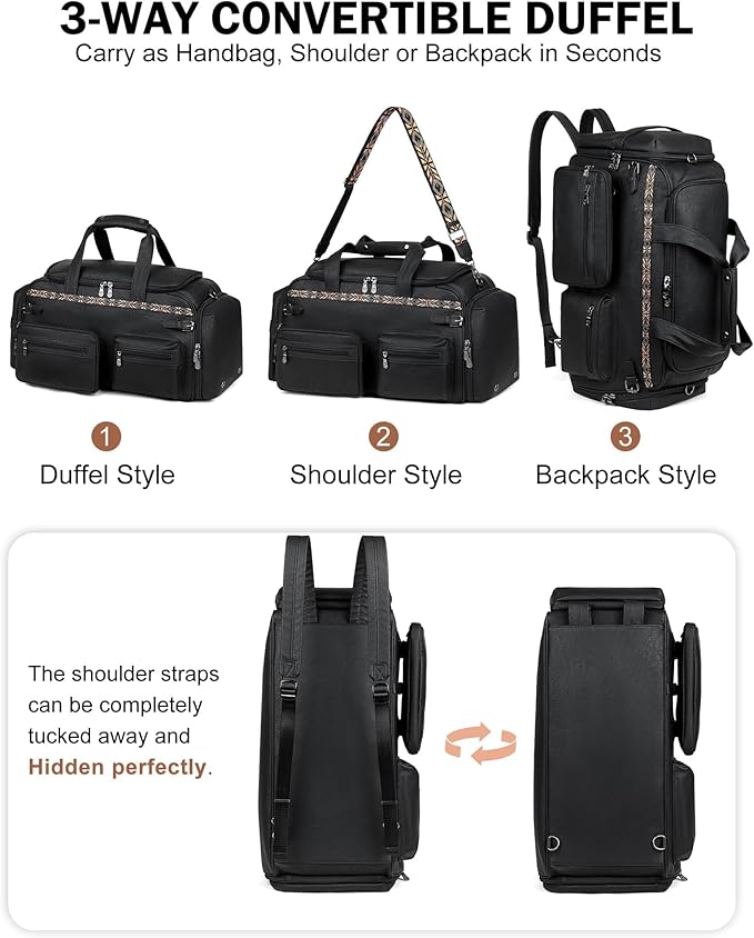 FADEON Duffle Bag for Women, Large Convertible Carry on Overnight Backpack, Designer Leather Mens Weekend Bags for Travel